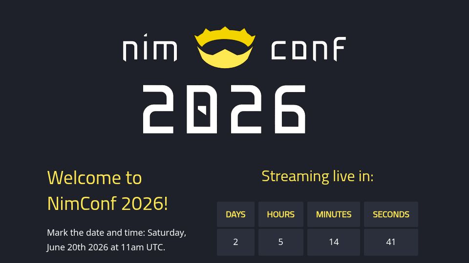 Screenshot of conf.nim-lang.org: Nim Conf 2026 (Online, Sat June 20)