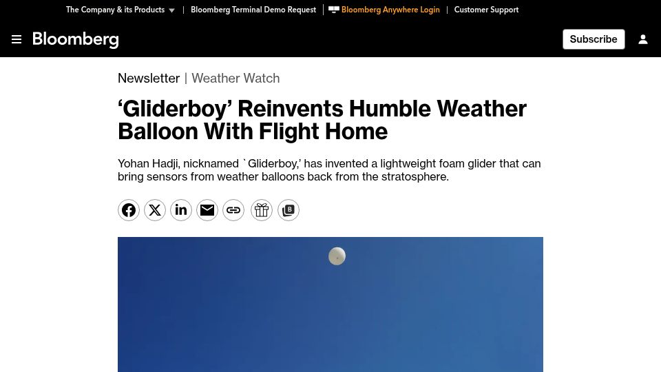 Screenshot of bloomberg.com: Gliderboy Reinvents Humble Weather Balloon with Flight Home