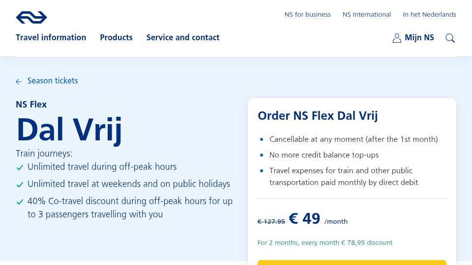 Screenshot of ns.nl: Dutch Railways offers unlimited off-peak train travel nationwide for €49/month