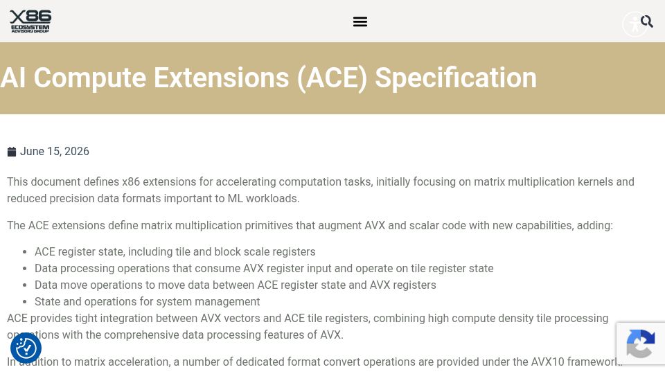Screenshot of x86ecosystem.org: AI Compute Extensions (ACE) Specification