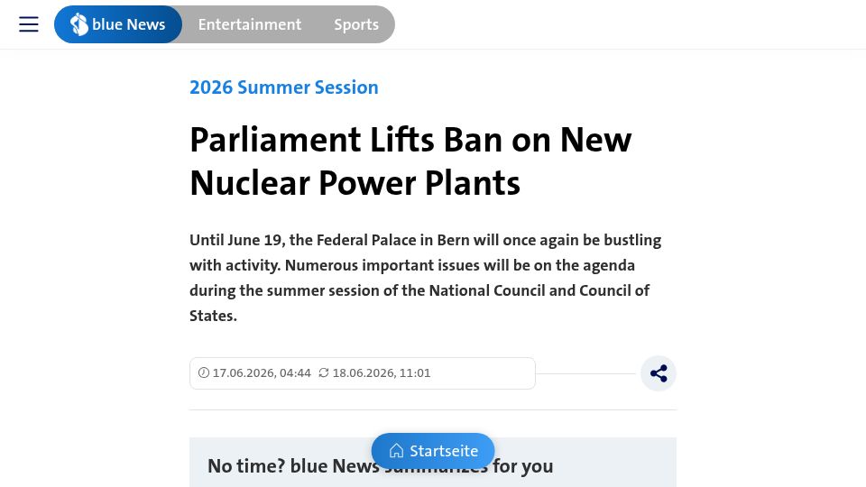 Screenshot of bluewin.ch: Swiss parliament lifts ban on new nuclear power plants