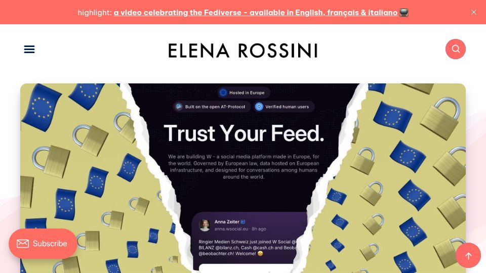 Screenshot of blog.elenarossini.com: W Social, public institutions and the theater of European digital sovereignty