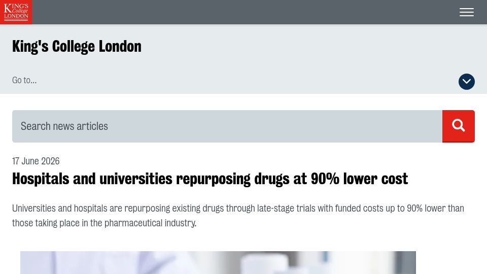 Screenshot of kcl.ac.uk: Hospitals and universities repurposing drugs at lower cost