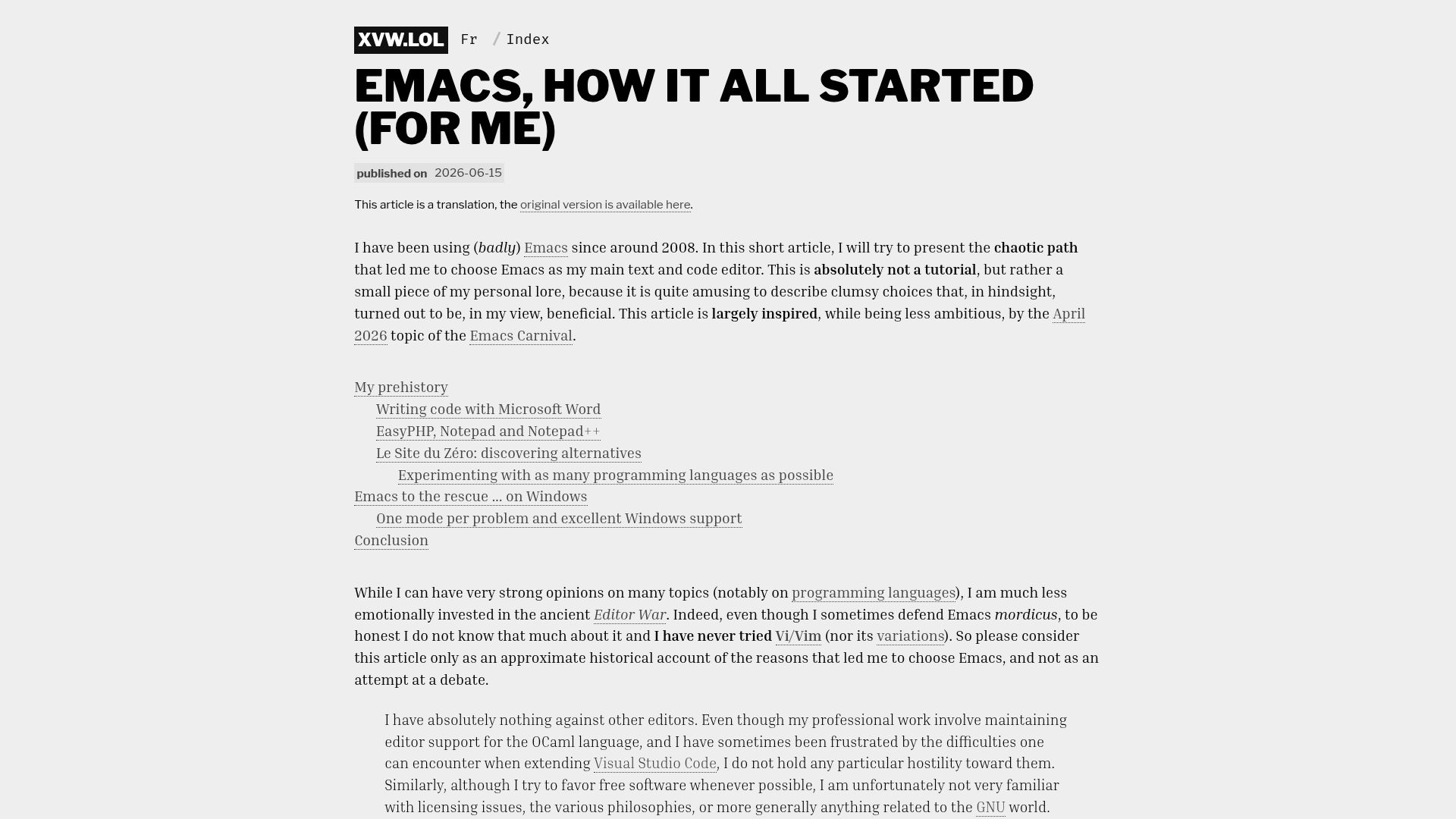 Screenshot of xvw.lol: Emacs, how it all started for me