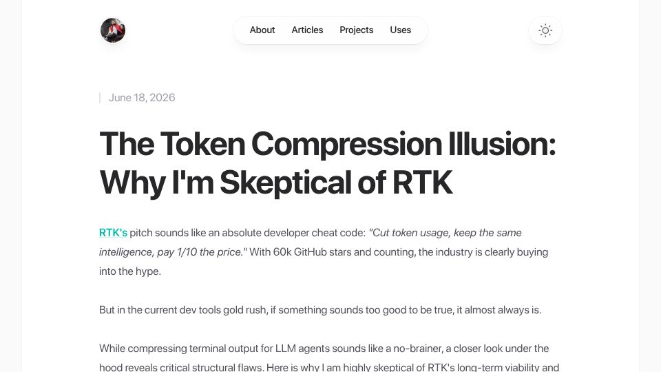 Screenshot of mroczek.dev: The Token Compression Illusion: Why I'm Skeptical of RTK