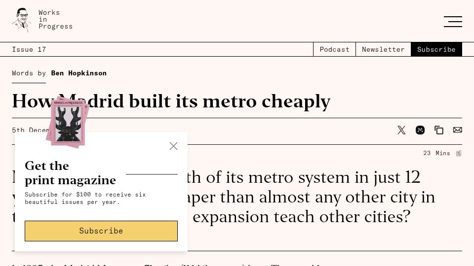 Screenshot of worksinprogress.co: How Madrid built its metro cheaply (2024)