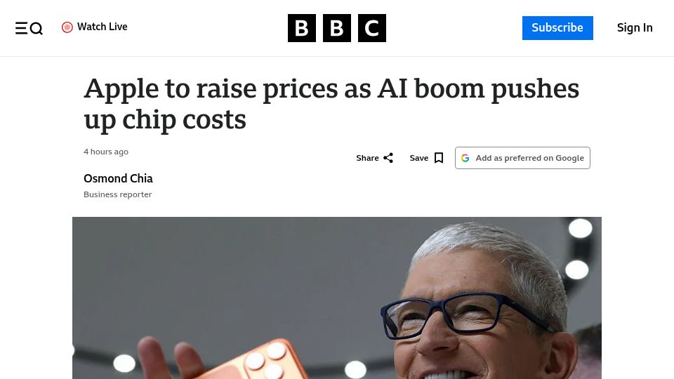 Screenshot of bbc.com: Apple boss Tim Cook says prices to rise due to memory chip costs