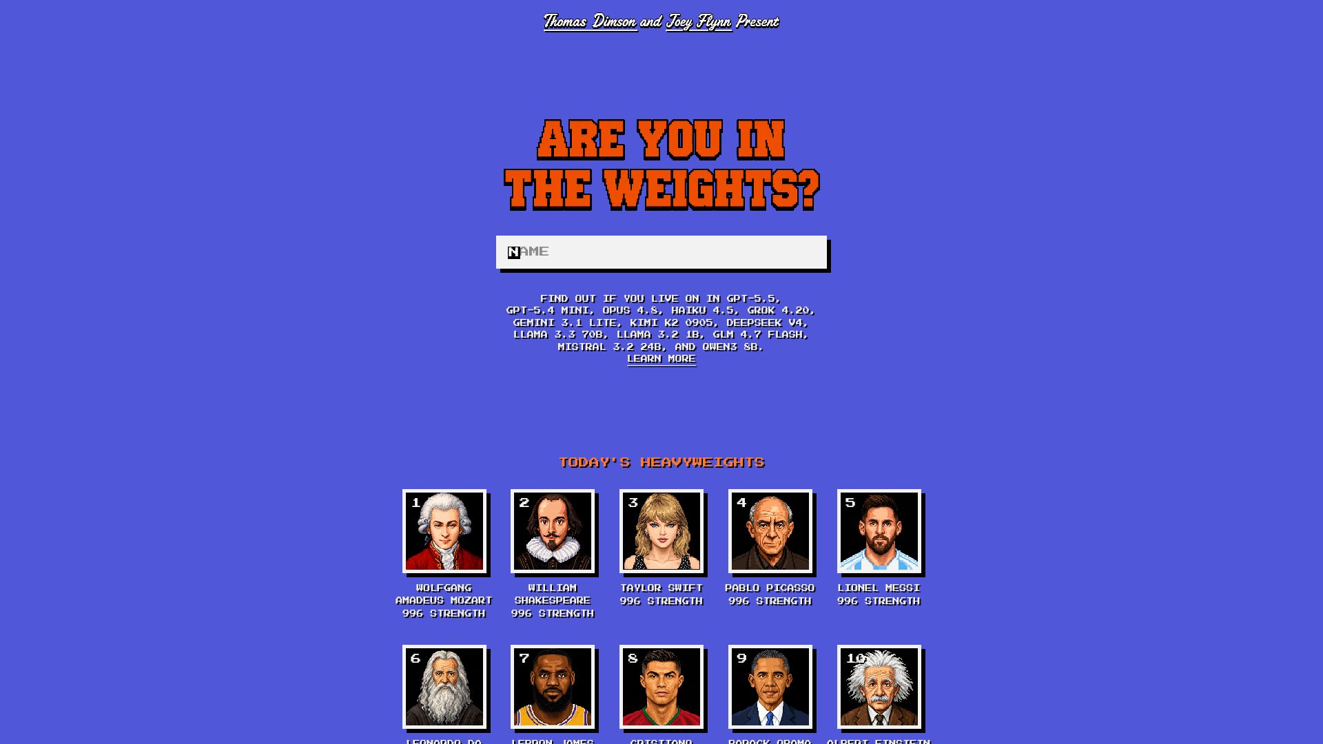 Screenshot of intheweights.com: Show HN: Are You in the Weights?
