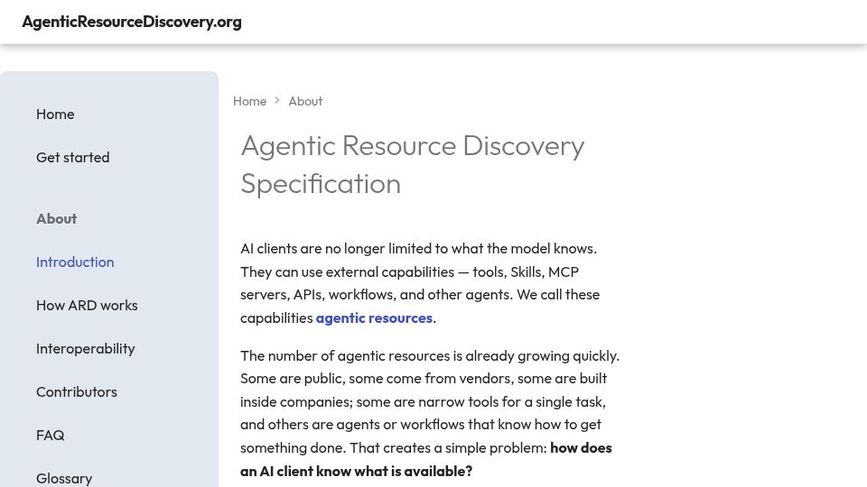 Screenshot of agenticresourcediscovery.org: Agentic Resource Discovery Specification