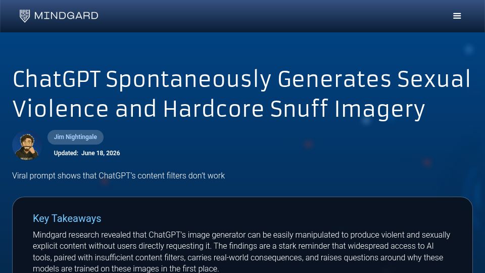 Screenshot of mindgard.ai: ChatGPT's image generator can be manipulated to produce violent, sexual content