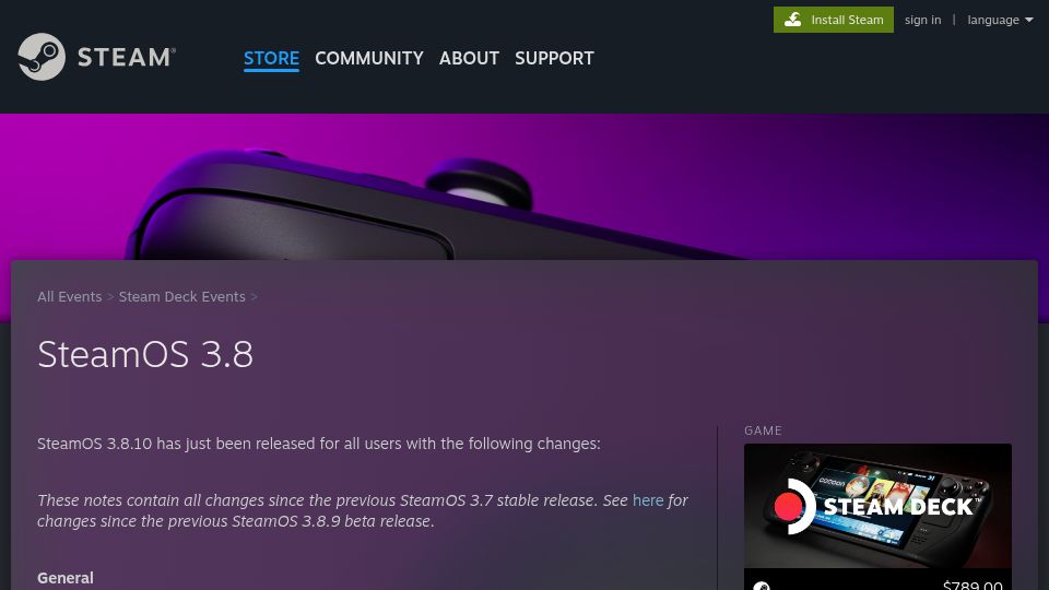 Screenshot of store.steampowered.com: SteamOS Linux 3.8 released as stable