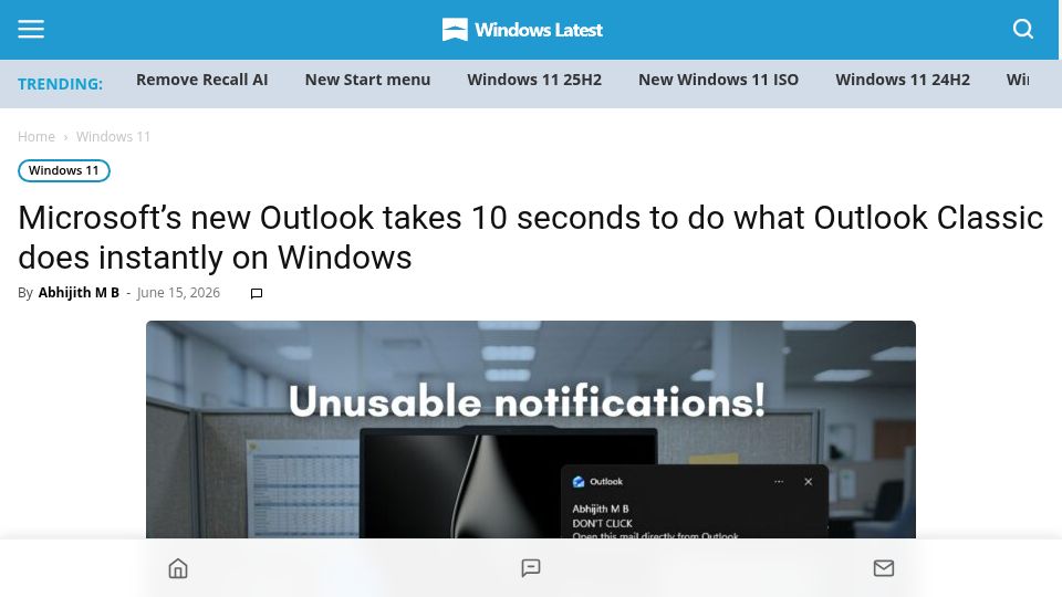 Screenshot of windowslatest.com: Microsoft new Outlook takes 10 seconds to do what Outlook Classic does instantly