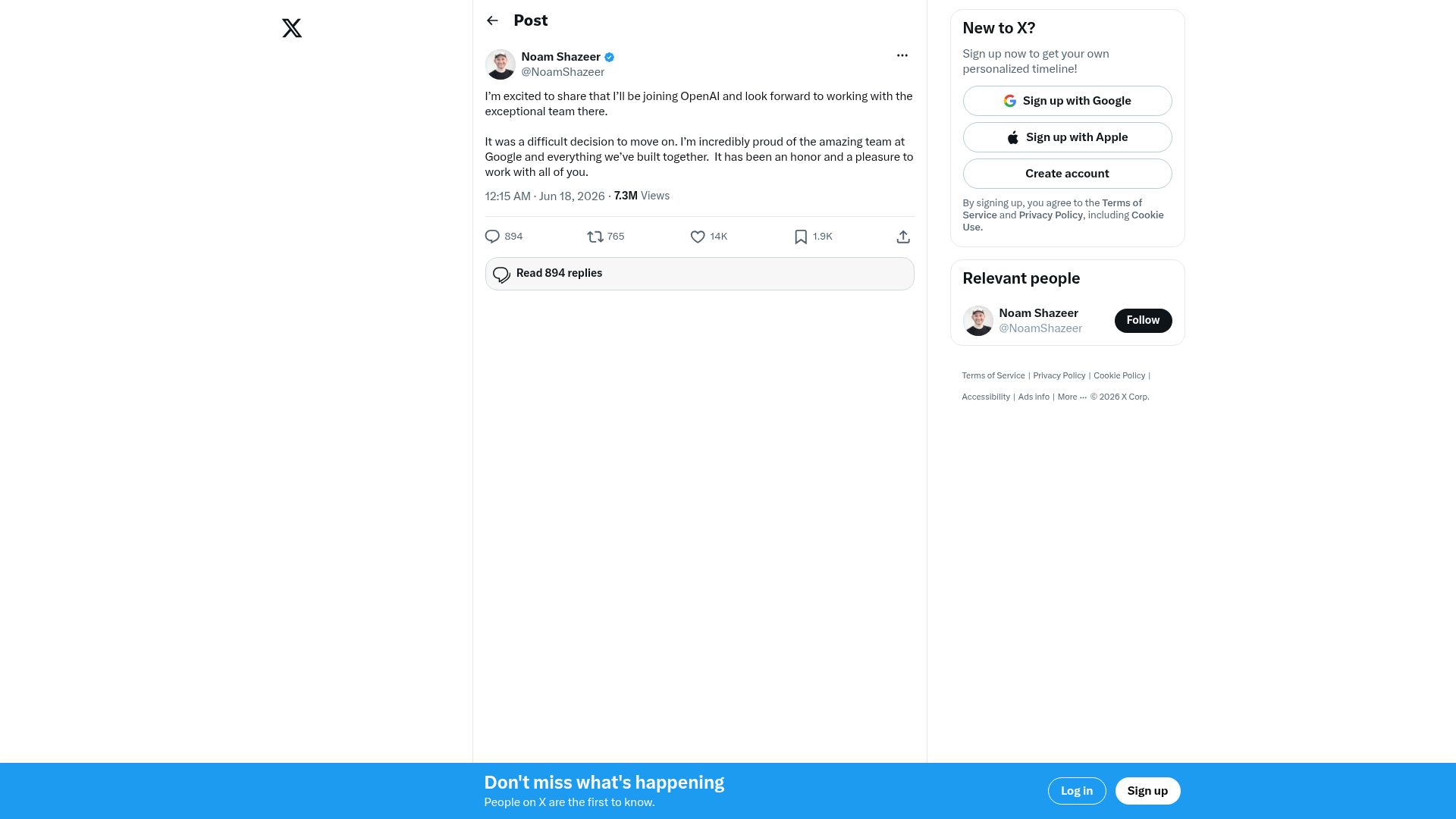 Screenshot of twitter.com: Noam Shazeer Joins OpenAI