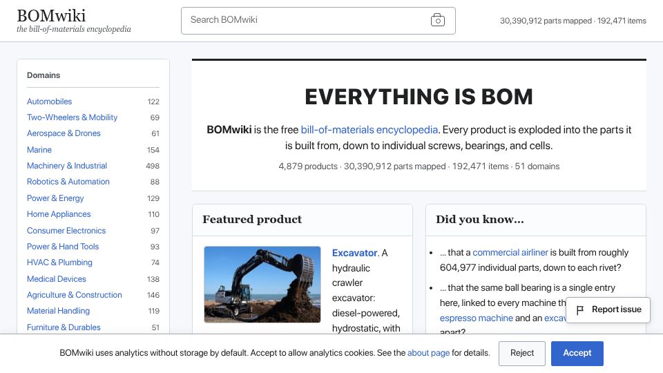 Screenshot of bomwiki.com: Everything Is BOM: Bill of Materials Encyclopedia