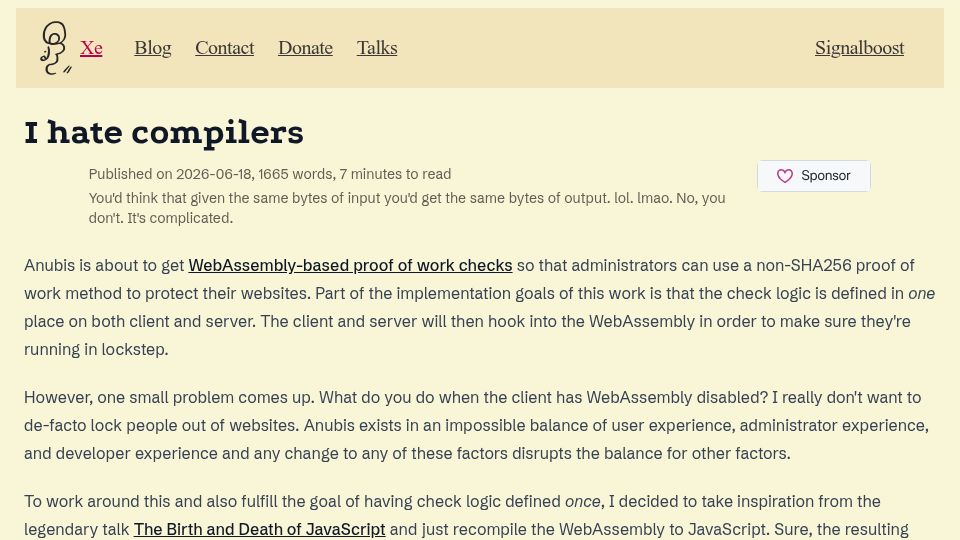 Screenshot of xeiaso.net: I Hate Compilers