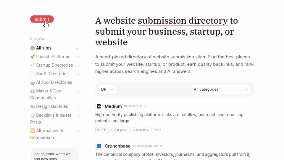 Screenshot of submission.directory: A website that lists websites to submit your website to