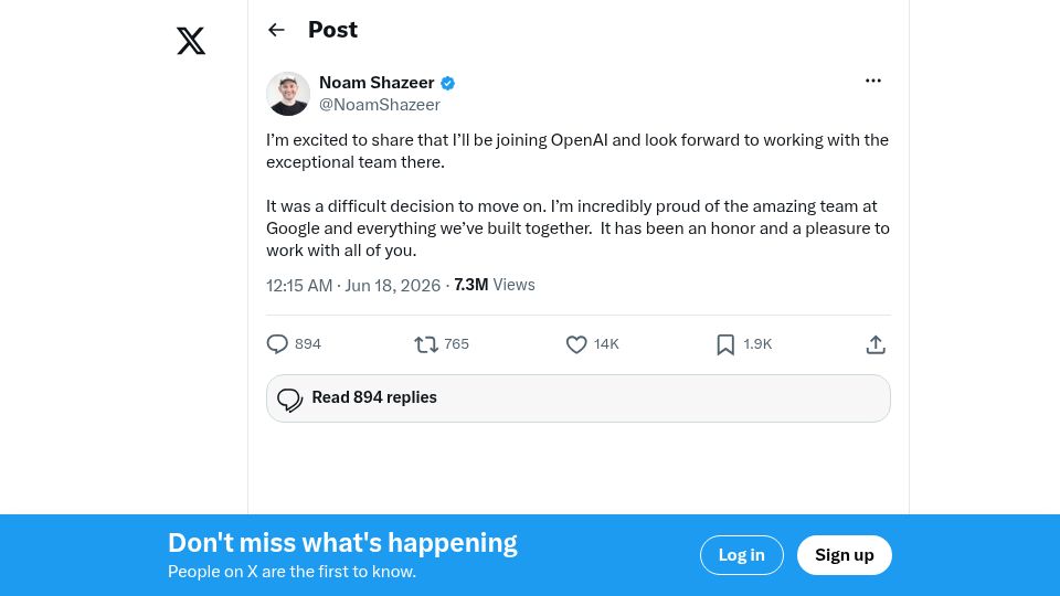 Screenshot of twitter.com: Noam Shazeer Joins OpenAI