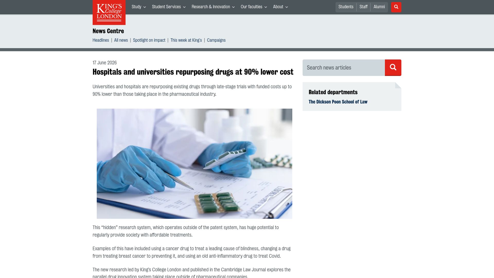 Screenshot of kcl.ac.uk: Hospitals and universities repurposing drugs at lower cost