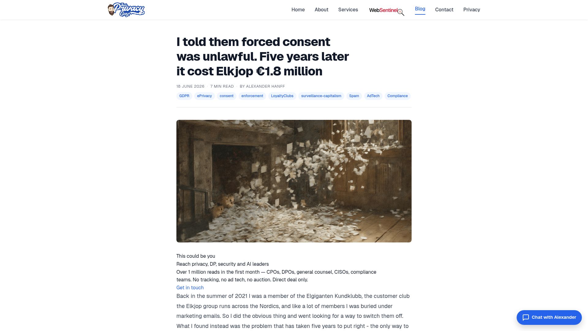 Screenshot of thatprivacyguy.com: I told them forced consent was unlawful. 5 years later it cost Elkjop €1.8M