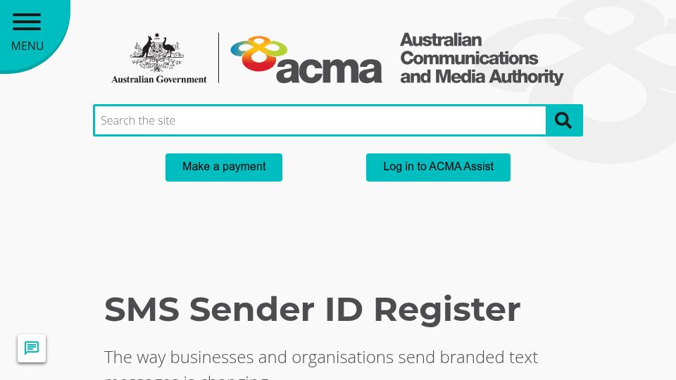 Screenshot of acma.gov.au: The Australian Government to Require SMS/MMS Sender ID Registraion