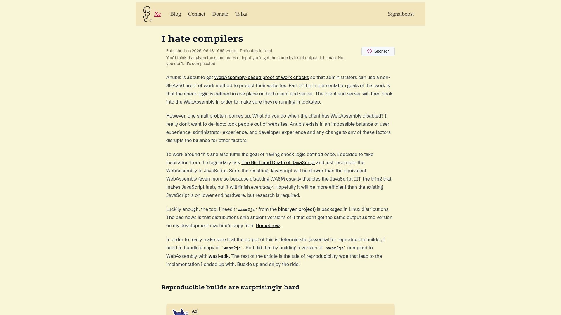 Screenshot of xeiaso.net: I Hate Compilers