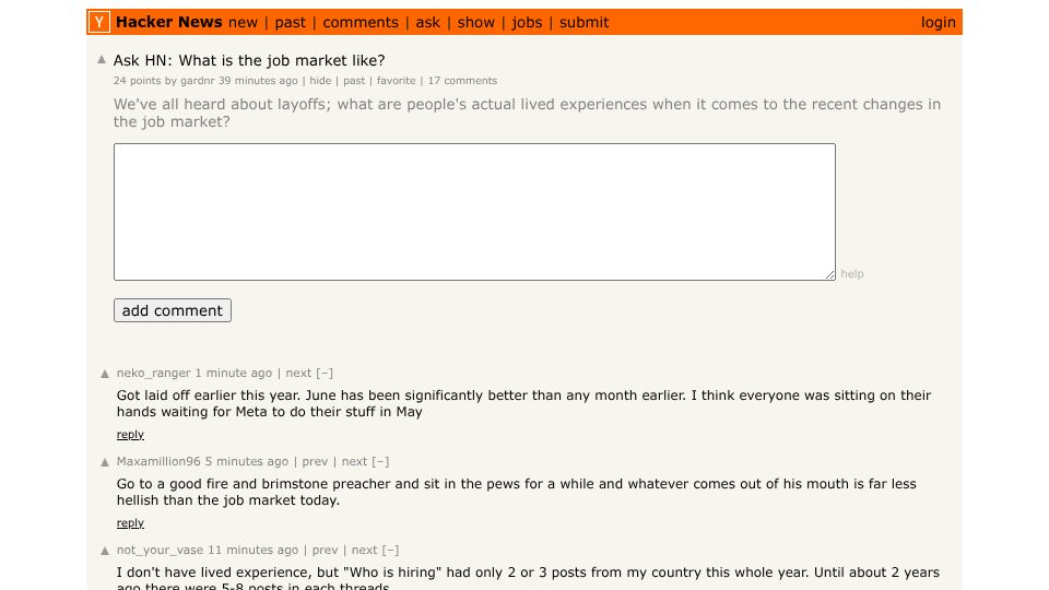 Screenshot of Hacker News post: Ask HN: What is the job market like?