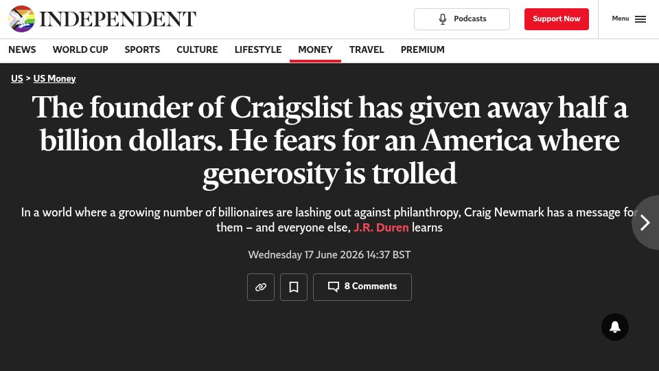 Screenshot of independent.co.uk: The founder of Craigslist has given away half a billion dollars