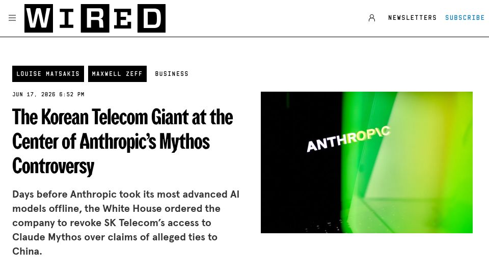 Screenshot of wired.com: The Korean telecom giant at the center of Anthropic's Mythos controversy
