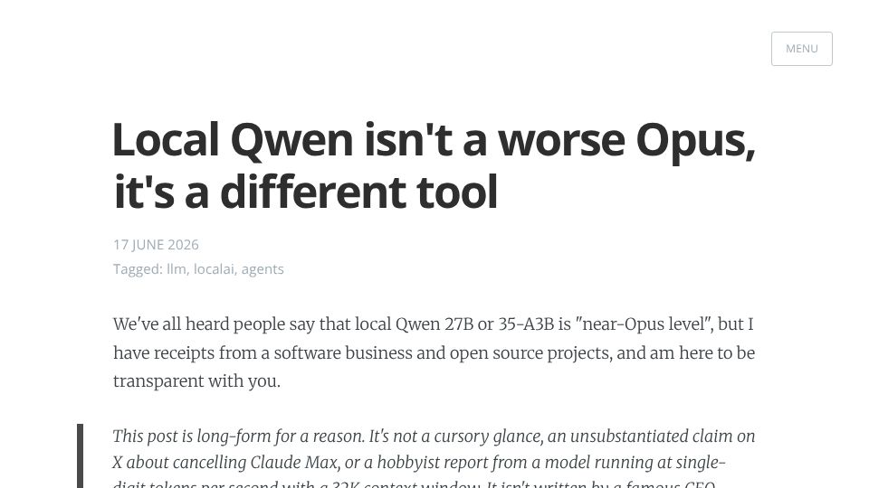 Screenshot of blog.alexellis.io: Local Qwen isn't a worse Opus, it's a different tool