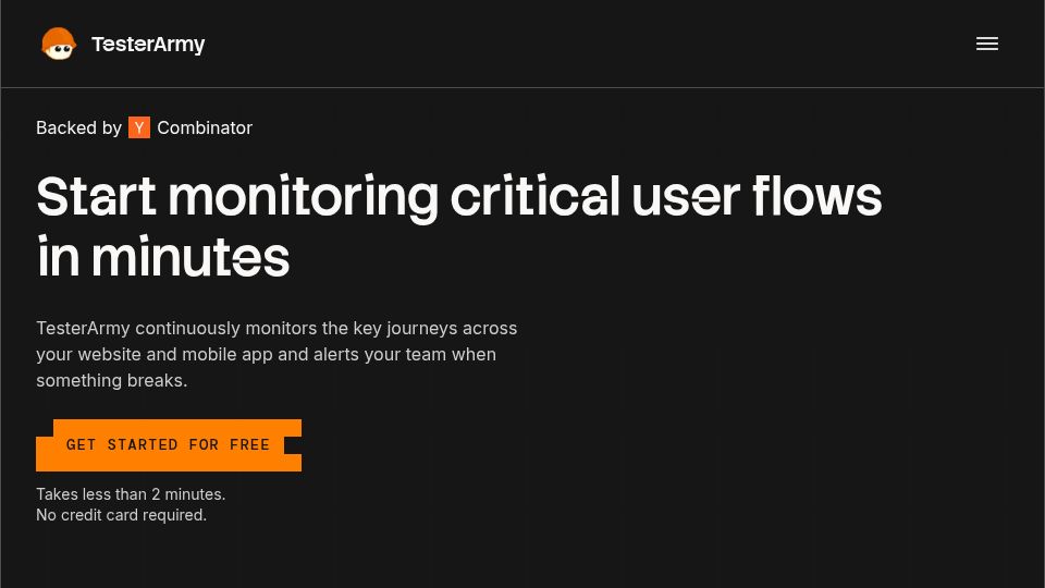 Screenshot of tester.army: Launch HN: TesterArmy (YC P26) – Agents that test web and mobile apps