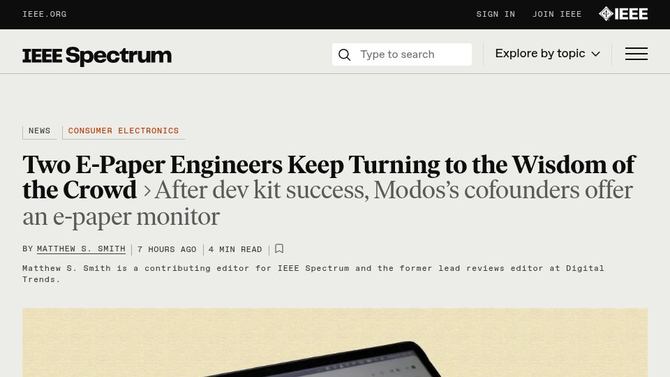 Screenshot of spectrum.ieee.org: Modos Color Monitor Pushes E-Paper Displays Further