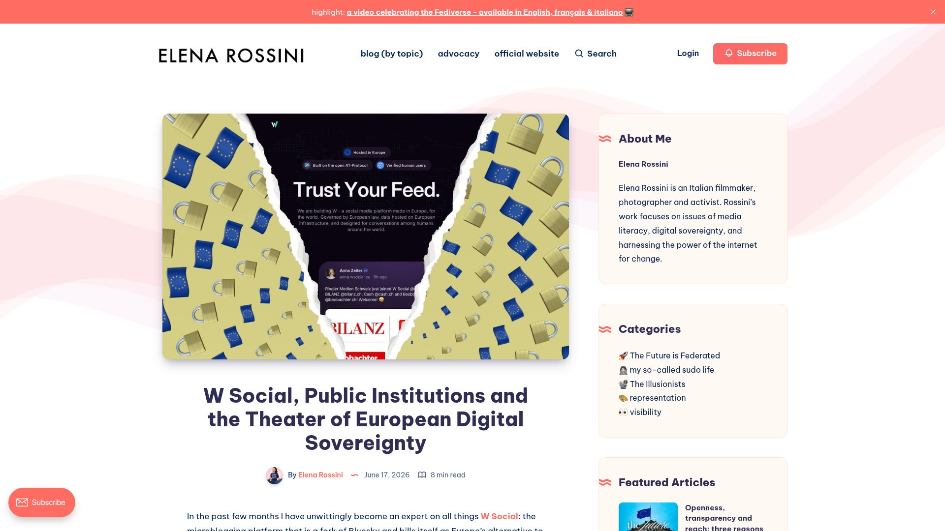 Screenshot of blog.elenarossini.com: W Social, public institutions and the theater of European digital sovereignty
