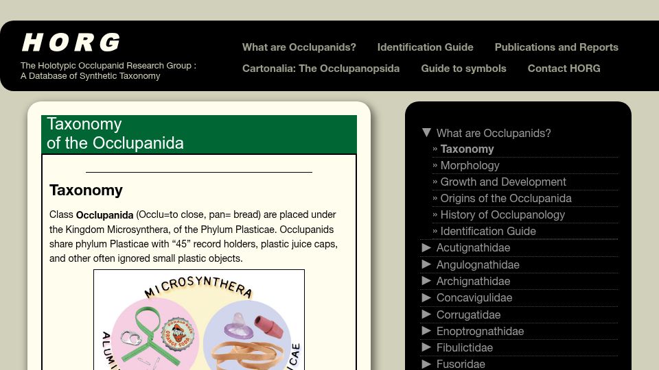 Screenshot of horg.com: Taxonomy of the Occlupanida (parasitoids on bread bag tags)