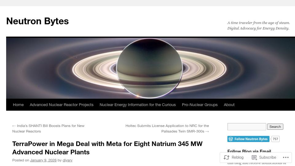 Screenshot of neutronbytes.com: TerraPower in deal with Meta for eight Natrium 345 MW nuclear plants