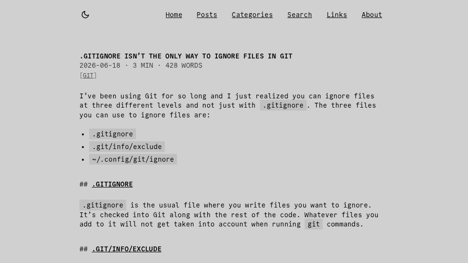 Screenshot of nelson.cloud: .gitignore Isn't the only way to ignore files in Git