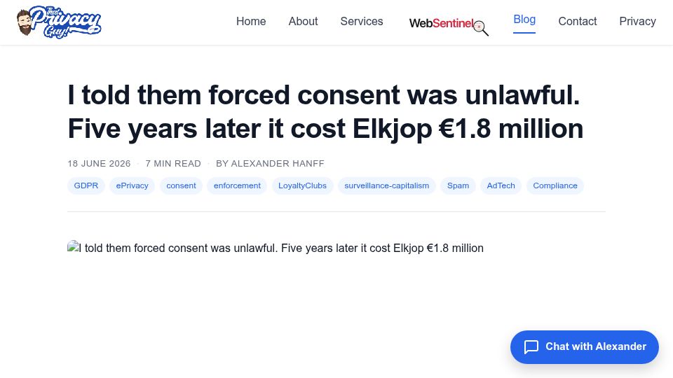 Screenshot of thatprivacyguy.com: I told them forced consent was unlawful. 5 years later it cost Elkjop €1.8M