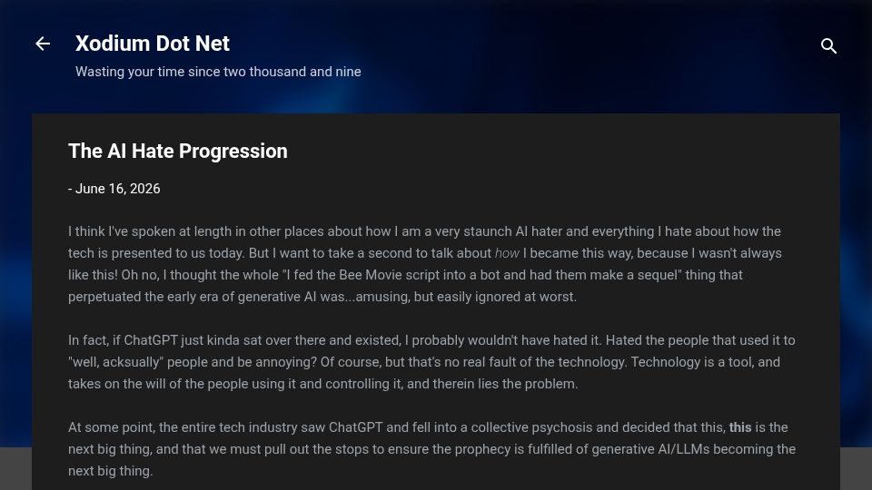 Screenshot of xodium.net: The AI Hate Progression
