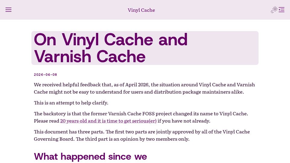 Screenshot of vinyl-cache.org: Vinyl Cache and Varnish Cache