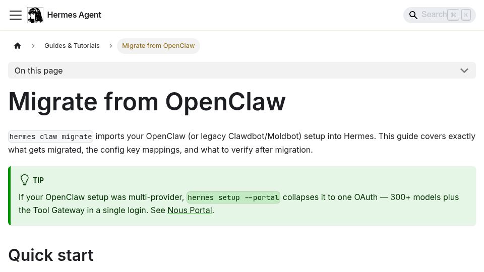 Screenshot of hermes-agent.nousresearch.com: Migrate from OpenClaw