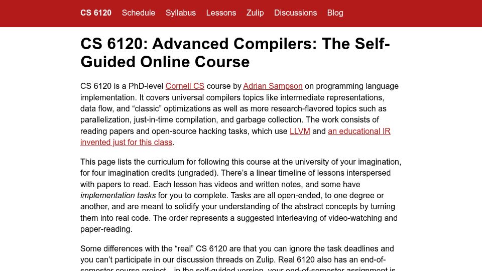 Screenshot of cs.cornell.edu: CS 6120: Advanced Compilers: The Self-Guided Online Course (2020)