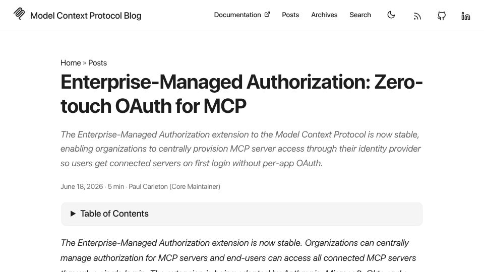 Screenshot of blog.modelcontextprotocol.io: Zero-Touch OAuth for MCP