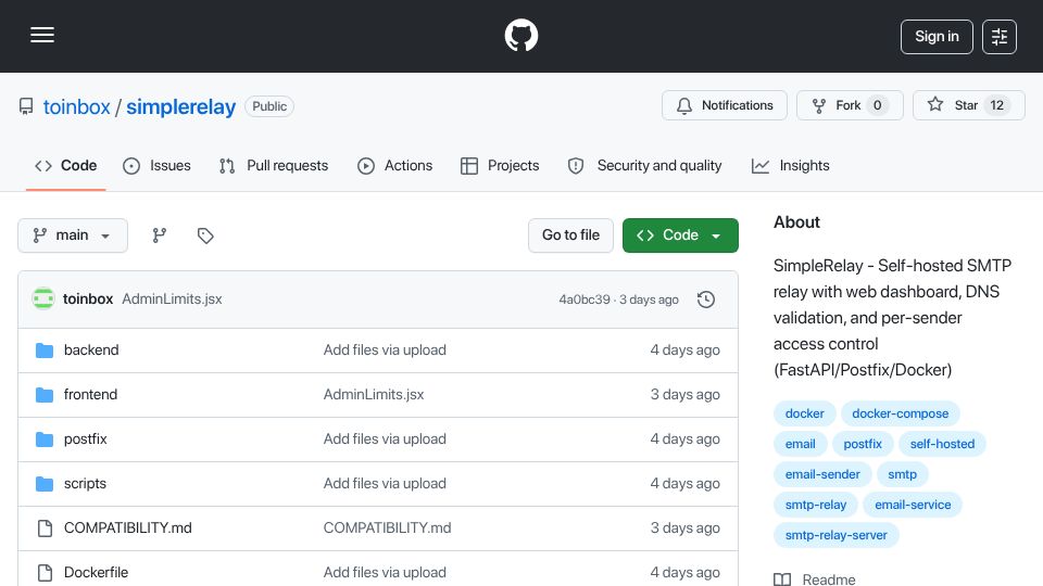 Screenshot of github.com: SMTP Relay with Web Dashboard