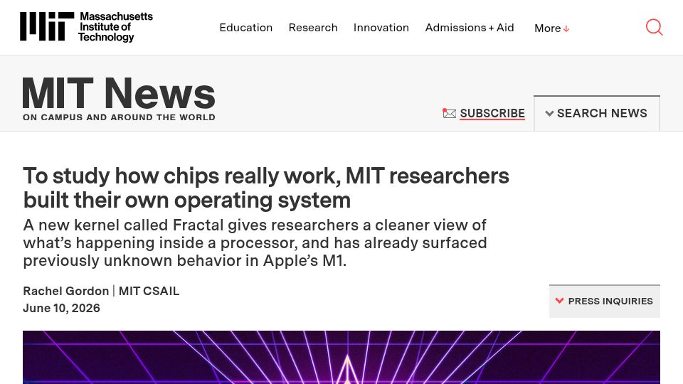 Screenshot of news.mit.edu: To study how chips work, MIT researchers built their own operating system