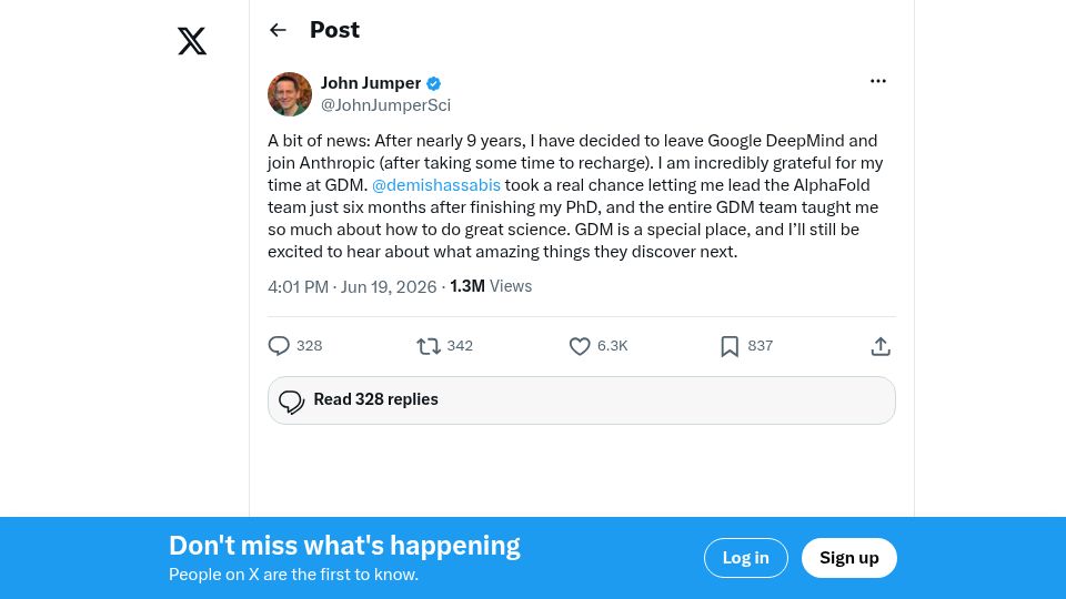Screenshot of twitter.com: John Jumper to join Anthropic
