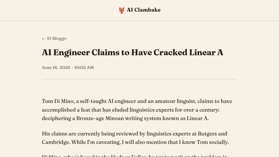 Screenshot of aiclambake.com: Amateur may have cracked Linear A