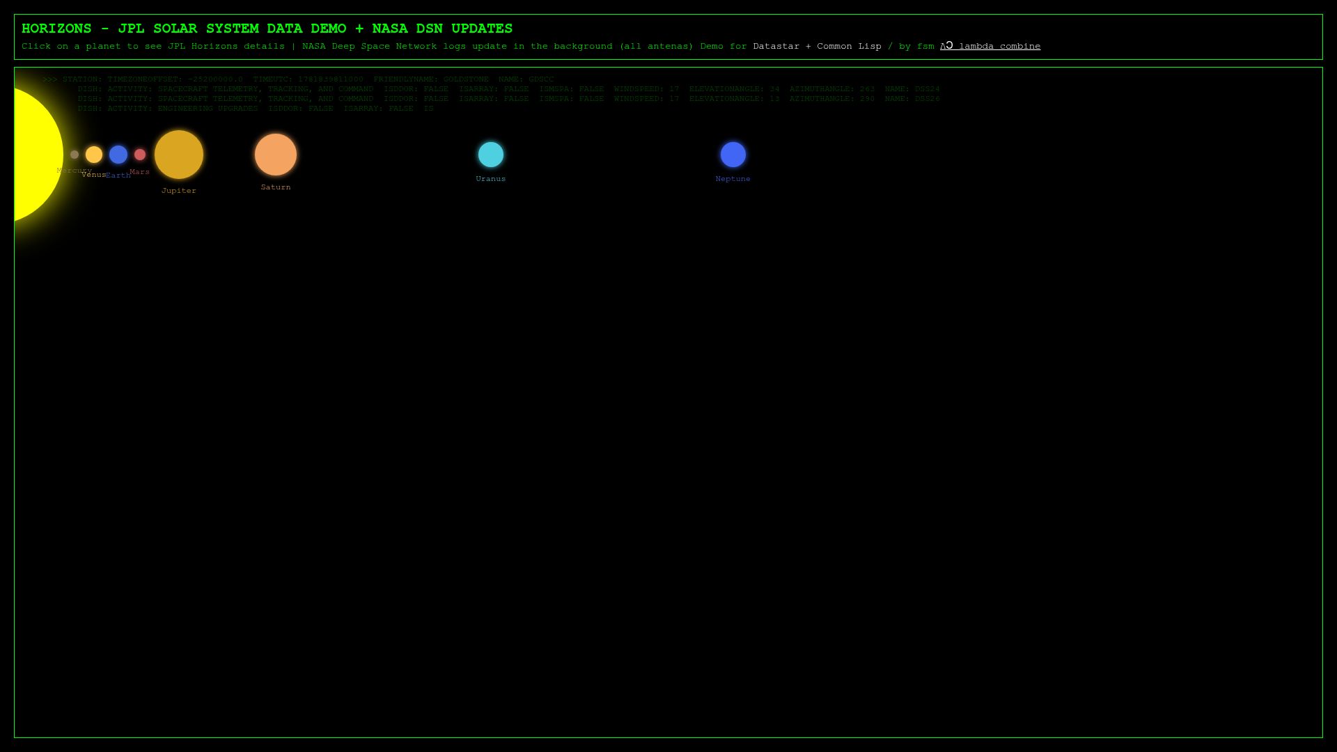 Screenshot of horizons.lambda-combine.net: Horizons JPL Solar System Data Demo and NASA DSN Updates: Datastar, Common Lisp