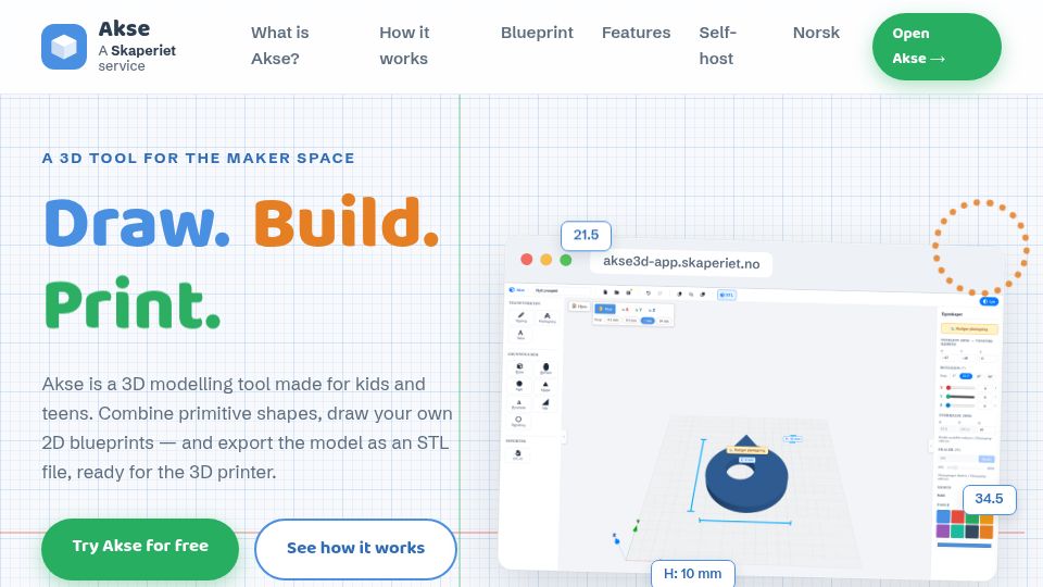 Screenshot of akse3d-en.skaperiet.no: Akse3D – open-source 3D modelling anyone can master