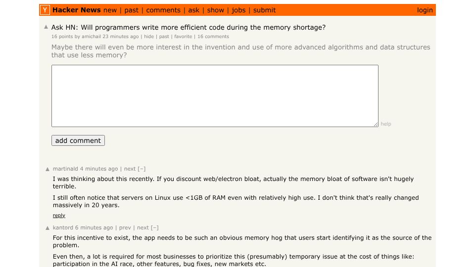 Screenshot of Hacker News post: Ask HN: Will programmers write more efficient code during the memory shortage?