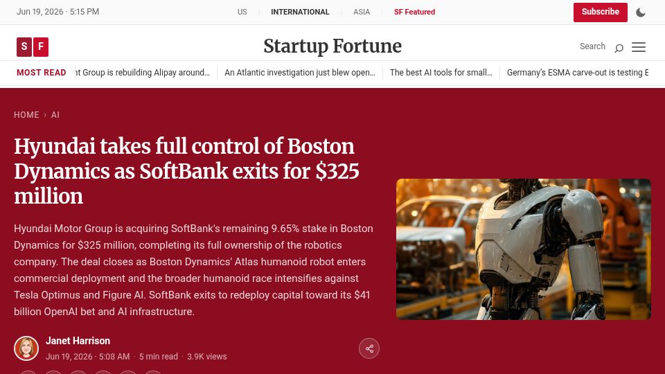Screenshot of startupfortune.com: Hyundai buys Boston Dynamics