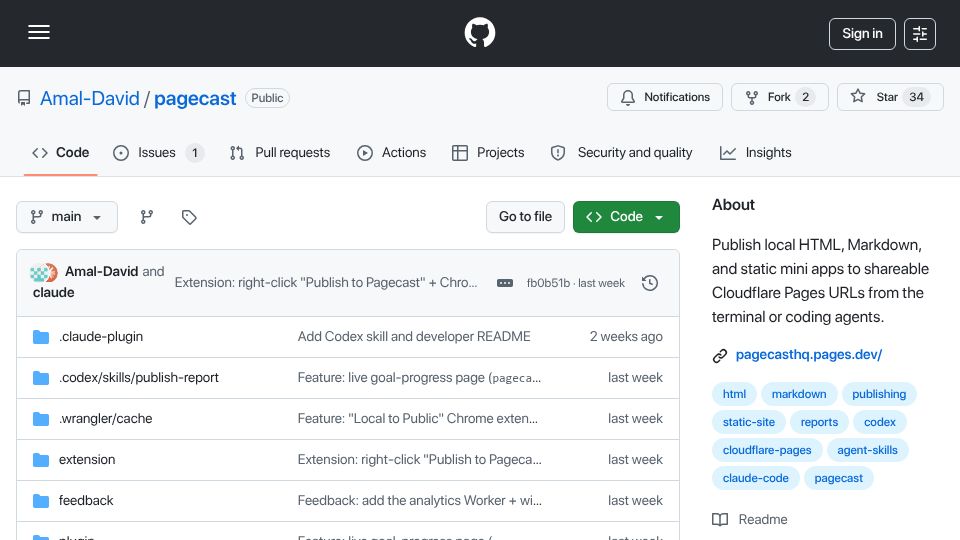 Screenshot of github.com: Show HN: Pagecast – Publish Markdown/HTML Reports to Cloudflare Pages